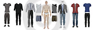 3D render : Paper doll of the Man with different various outfits