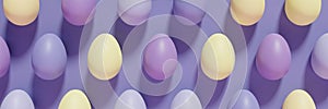 3d render of pastel colored violet, purple and yellow Easter eggs pattern banner on a violet background