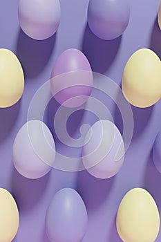 3d render of pastel colored violet, purple and yellow Easter eggs pattern on a violet background