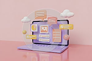 3D Render of a Pastel Laptop with Digital Interface Elements and Clouds