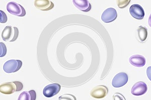 3d render of pastel violet colored Easter eggs frame