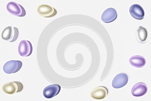 3d render of pastel violet colored Easter eggs frame