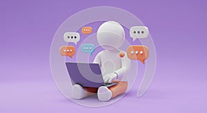 3D Render of Person Using Laptop with Chat Bubbles