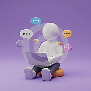 3D Render of Person Working on Laptop with Chat Bubbles