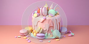 3d render of a pink cake with sweets