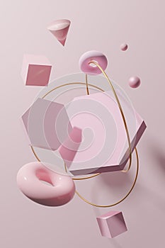 3d render pink colored geometric schapes with golden rings