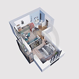 3d render plan and layout of a modern apartment, isometric