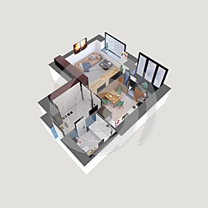 3d render plan and layout of a modern colorful one bedroom apartment, isometric