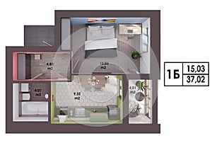 3d render plan / layout of a modern one bedroom apartment