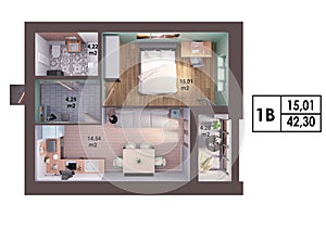 3d render plan / layout of a modern one bedroom apartment