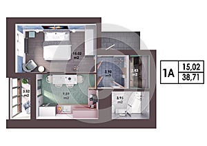 3d render plan / layout of a modern one bedroom apartment