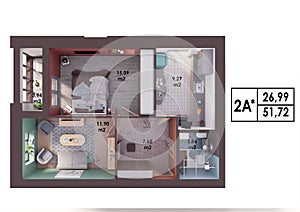 3d render plan / layout of a modern two bedroom apartment