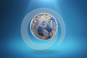 3D Render Planet Earth with Light Rays on Gradient Blue Background.