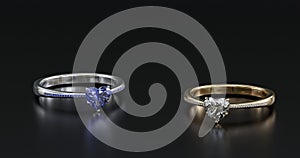 3D render of platinum and gold wedding ring jewelry design with heart shaped diamonds on shiny black background
