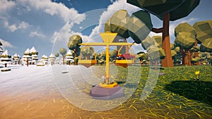 illustration of a scale that balances nature and industry with a virtual landscape in the background designed in low poly 3d photo