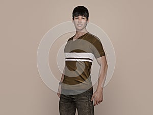 3D Render : Portrait of a smiling young handsome asian man in brown T-shirt and jeans