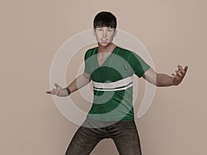 3D Render : Portrait of a smiling young handsome asian man in green T-shirt and jeans