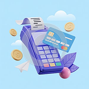 3D Render of POS Terminal with Credit Card and Coins