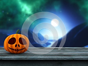 3D pumpkin on a wooden table against a defocussed spooky landscape