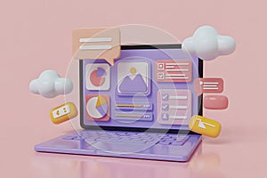 3D Render of a Purple Laptop with Digital Interface Elements