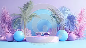 3D Render of Purple Summer Concept with Empty Podium for Product Display, Decorated with Summer Beach Ball, Tree, and