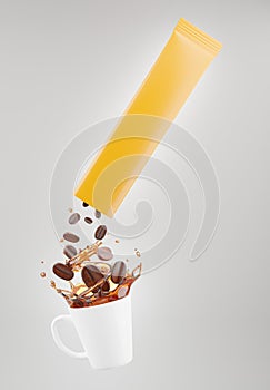 realistics coffee sachet with coffee splash