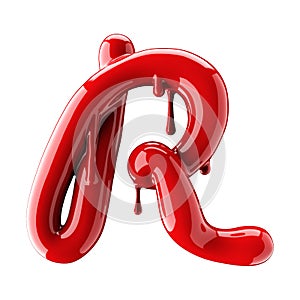 3D render of red alphabet make from nail polish. Handwritten cursive letter R. Isolated on white photo