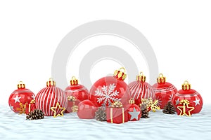 3d render - red christmas baubles over white background