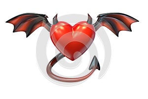 3D render of Red Heart shape with devil wings isolated on white background