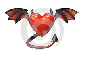 3D render of Red Heart shape with devil wings isolated on white background