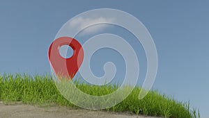 3d render red pin pointers location with a green grass