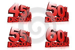 3D render red text 45,50,55,60 percent discount