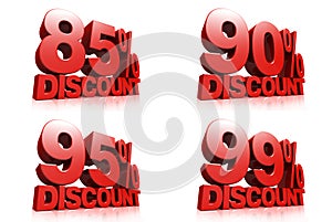 3D render red text 85,90,95,99 percent discount