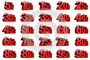 3D render red text percent off on white.