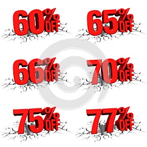 3D render red text 60,65,66,70,75,77 percent off on white crack