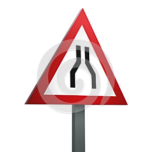 3D Render Road Sign of Road  narrows on both side Isolated on a White Background