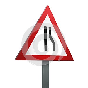 3D Render Road Sign of Road narrows on right Isolated on a White Background