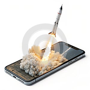 3D render rocket launches from mobile screen isolated on white background photo
