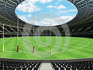 3D render of a round Australian rules football stadium with black seats