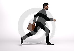 3D render : a running man  in casual business suit with a briefcase in his hand