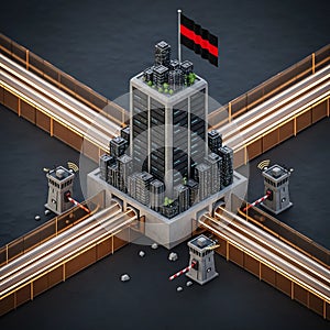 3D render. A server rack is a sovereign state with a flag.