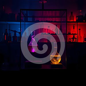 Neon Lit Laboratory Shelves with Glassware and Bottles - 3D Render Dark Background