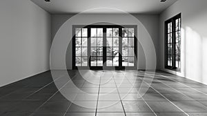 Spacious Room with Expansive Windows and Sleek Tiled Flooring - 3D Render photo