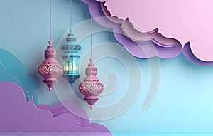 3D render of simple Islamic ornament and hanging lantern decoratio, Eid ul adha background photo