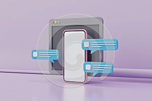 3D Render of Smartphone with Chat Bubbles and Browser Window