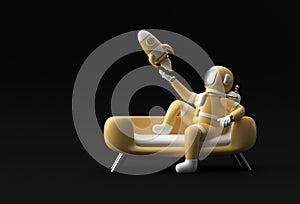 3d Render Spaceman Astronaut Sitting on Sofa with Flying Rocket 3d illustration Design
