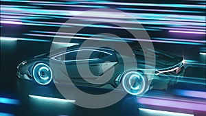 3d render Sports cyber neon car rushes along the night road with neon lights at high speed