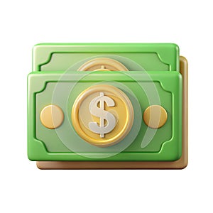 3D Render of Stacked Dollar Bills and Coins