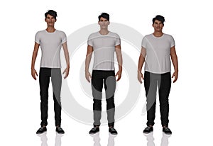 3D Render : standing male  body type ie. skinny type,muscular type,heavy weight