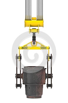 A steel bucket on a lifting beam suspended from a crane hook isolated on white background
